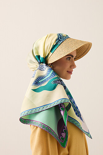 Date Palm Tree Turquoise-Yellow Double-Sided Twill Silk Scarf 