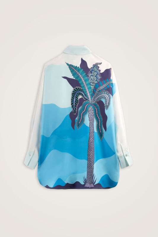 Date Palm Tree Twill Blue Silk Shirt - 2