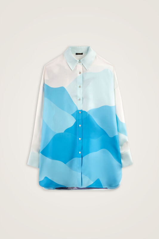 Date Palm Tree Twill Blue Silk Shirt - 1