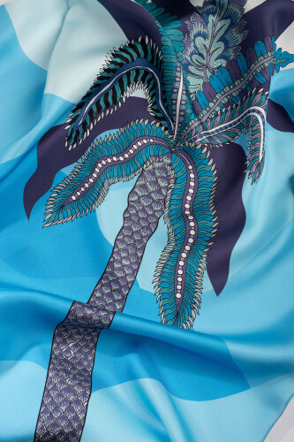 Date Palm Tree Twill Blue Silk Shirt - 3