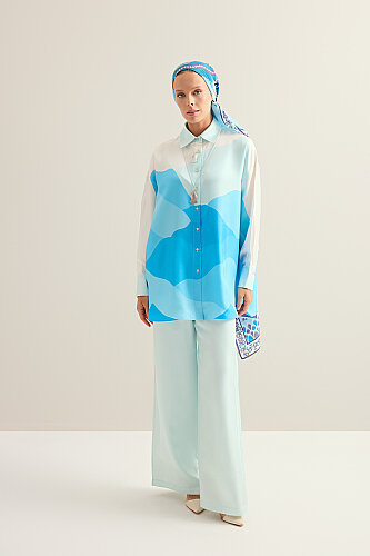 Date Palm Tree Twill Blue Silk Shirt 