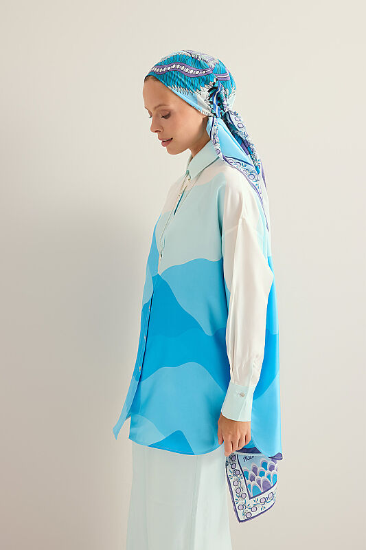 Date Palm Tree Twill Blue Silk Shirt - 7