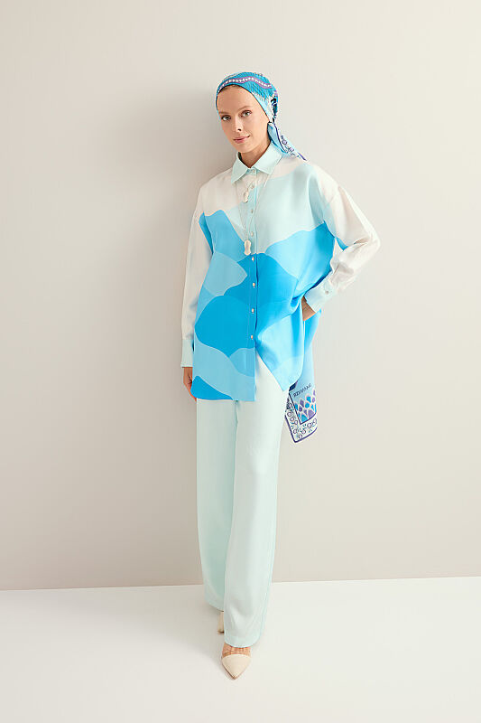 Date Palm Tree Twill Blue Silk Shirt - 5