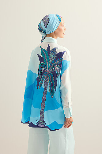 Date Palm Tree Twill Blue Silk Shirt - 3