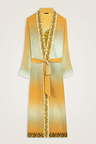 Date Palm Tree Yellow Crepe Silk Long Kimono 