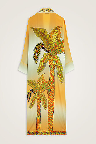 Date Palm Tree Yellow Crepe Silk Long Kimono - 2