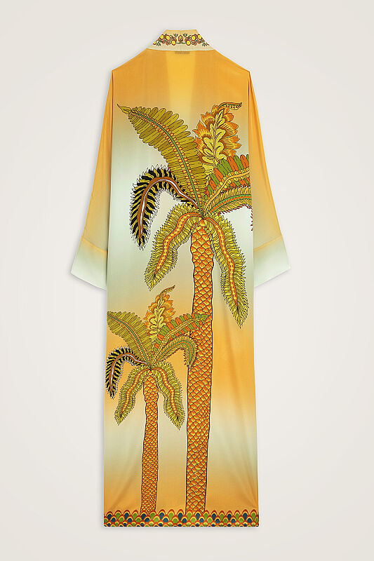 Date Palm Tree Yellow Crepe Silk Long Kimono - 2