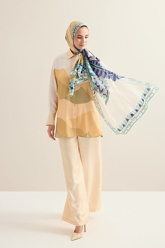 Date Palm Tree Yellow Crepe Silk Shirt Scarf - 5