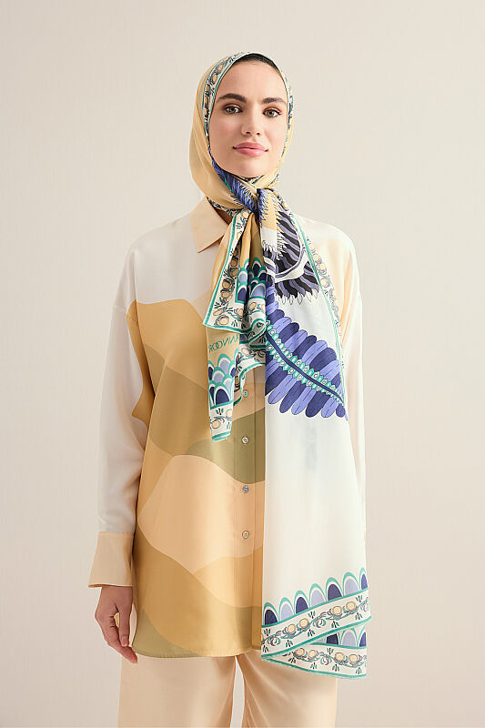 Date Palm Tree Yellow Crepe Silk Shirt Scarf - 1