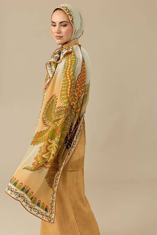 Date Palm Yellow Crepe Silk Kimono Shawl - 1