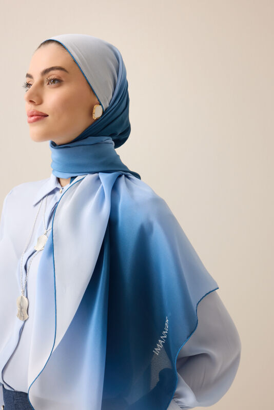 Degrade Denim-White Crepe Silk Shawl - 1