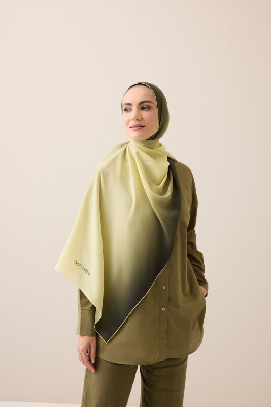 Degrade Khaki-Lemon Yellow Crepe Silk Shawl - 3