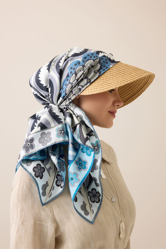 Dere Gülü Mavi-Gri Çift Taraflı Tivil İpek Eşarp 94x94 - 1