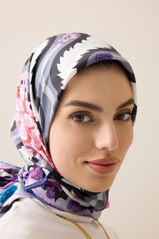 Dere Gülü Mavi-Pembe Çift Taraflı Tivil İpek Eşarp 94x94 - 3