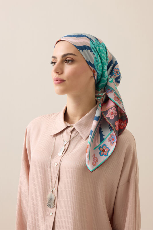 Dere Gülü Mercan-Mint Çift Taraflı Tivil İpek Eşarp 94x94 - 1