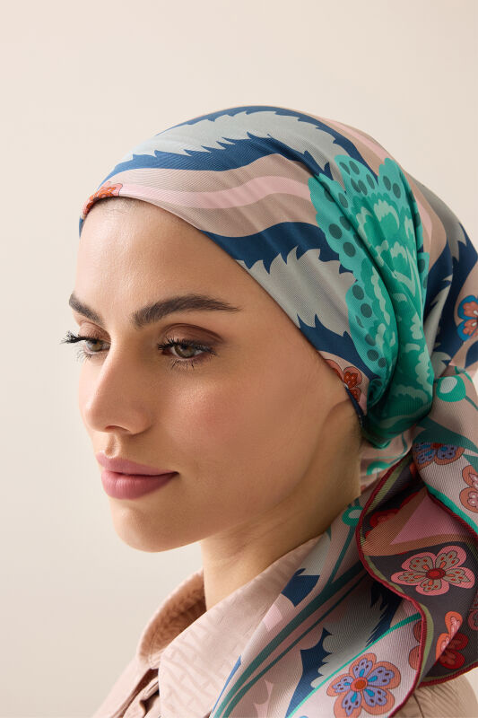 Dere Gülü Mercan-Mint Çift Taraflı Tivil İpek Eşarp 94x94 - 5