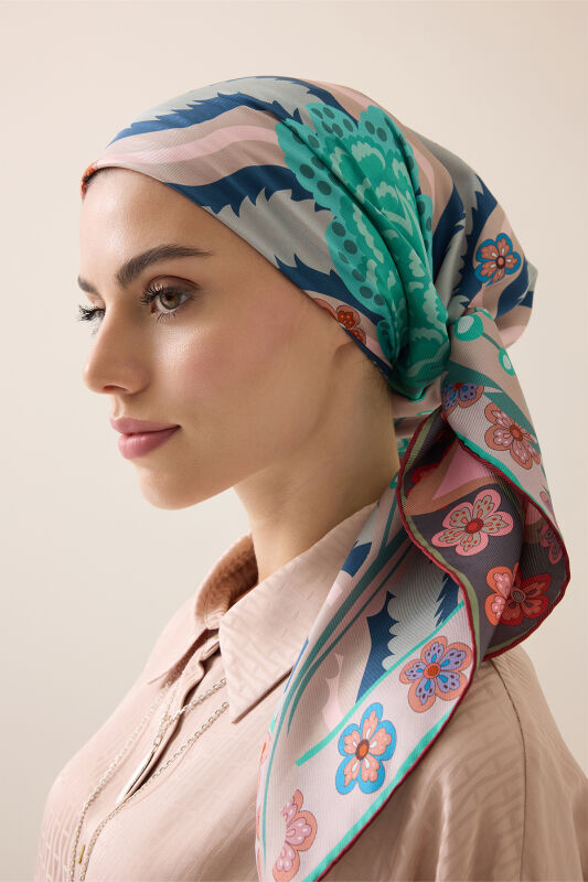 Dere Gülü Mercan-Mint Çift Taraflı Tivil İpek Eşarp 94x94 - 3