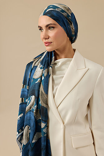 Dere Yolu Bej-İndigo İpek Vual Şal 100x210 - Imannoor (4)