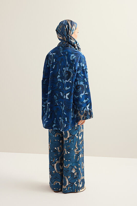 Dere Yolu Bej-İndigo Tivil İpek Pantolon - 5