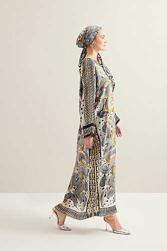 Dere Yolu Bej Krep İpek Kaftan - 5