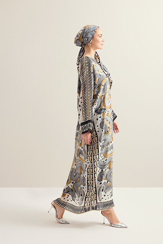 Dere Yolu Bej Krep İpek Kaftan - 5