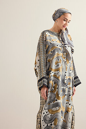 Dere Yolu Bej Krep İpek Kaftan - Imannoor (1)