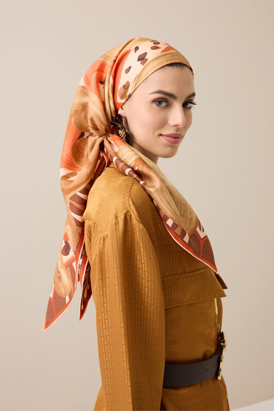 Dere Yolu Bej-Turuncu Tivil İpek Eşarp 90x90 - 3