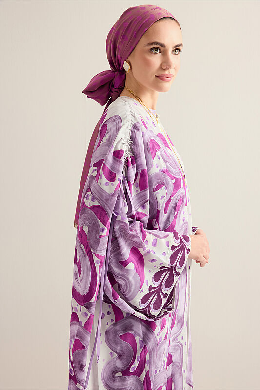 Dere Yolu Lila-Fuşya Krep İpek Abaya - 3