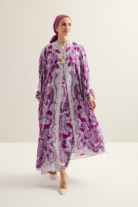 Dere Yolu Lila-Fuşya Krep İpek Abaya - 1