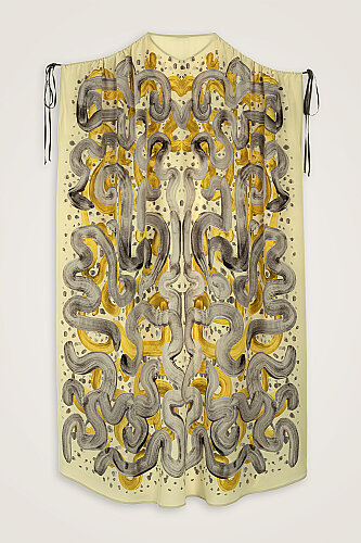 Dere Yolu Sarı-Gri Krep İpek Abaya - 6