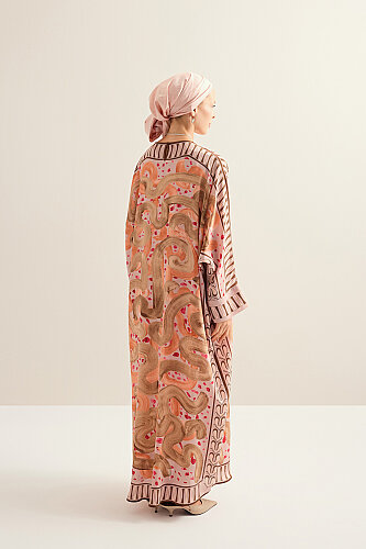 Dere Yolu Somon Krep İpek Kaftan - 7