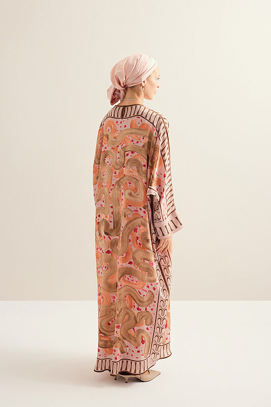 Dere Yolu Somon Krep İpek Kaftan - 7