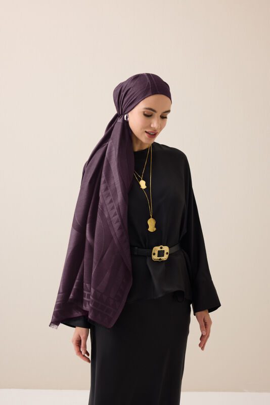 Dev Bambunoor Patlıcan Moru Yün İpek Şal 70x200 - 1