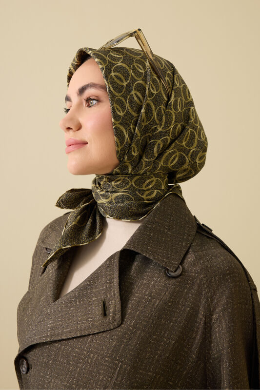 Dokuma Noor Haki Tivil İpek Eşarp 90x90 - 5