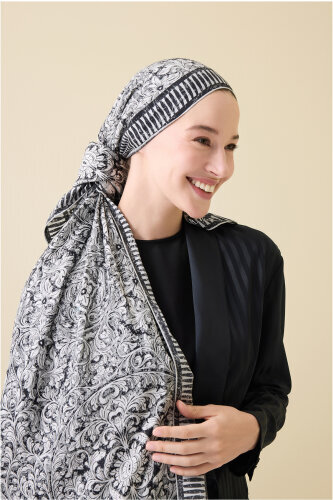 Door Pattern Black-White Cotton Silk Shawl - Imannoor