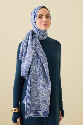 Door Pattern Blue Cotton Silk Shawl - 5