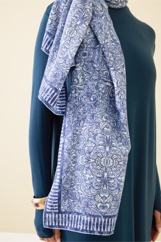 Door Pattern Blue Cotton Silk Shawl - 3