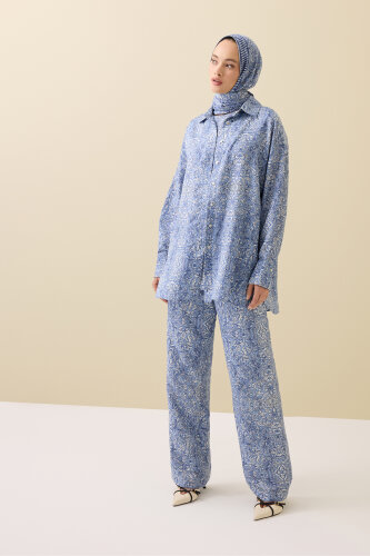 Door Pattern Blue Cotton Silk Shirt 