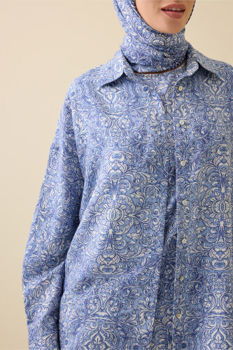 Door Pattern Blue Cotton Silk Shirt - 3