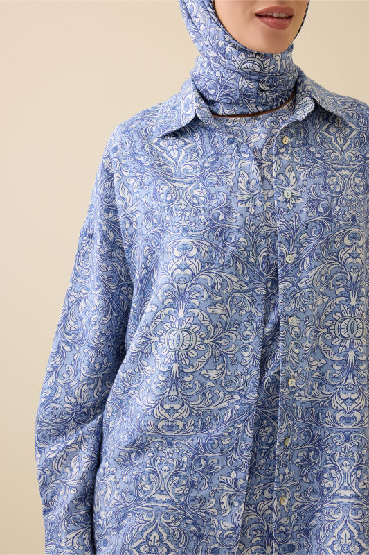 Door Pattern Blue Cotton Silk Shirt - 3
