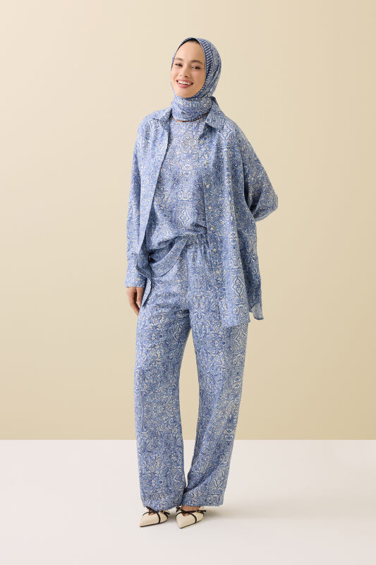 Door Pattern Blue Cotton Silk Trousers - 1