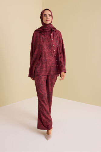 Door Pattern Burgundy Cotton Silk Trousers - Imannoor (1)
