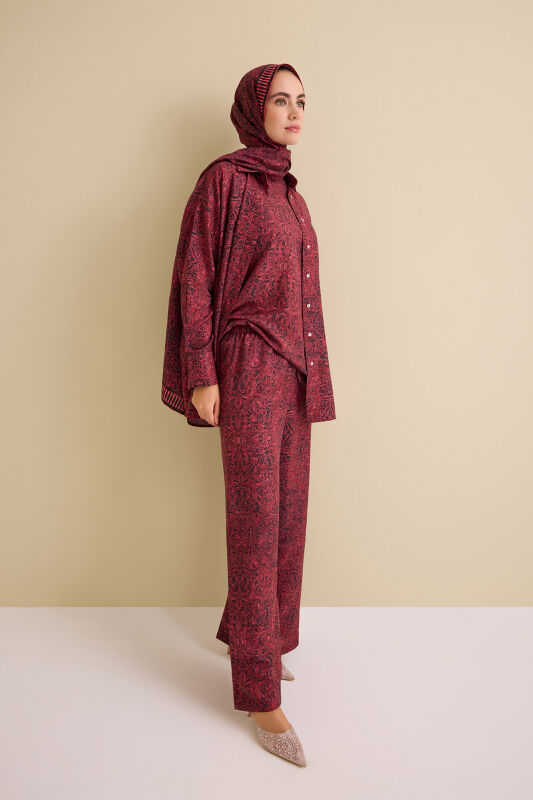 Door Pattern Burgundy Cotton Silk Trousers - 3