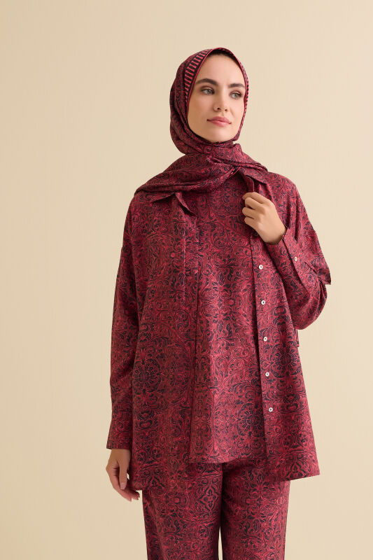 Door Pattern Burgundy Cotton Silk Undershirt - 1