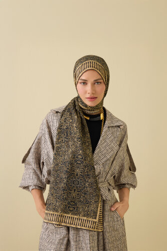 Door Pattern Khaki Cotton Silk Shawl - Imannoor