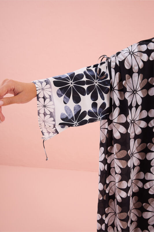 Double Flowerpot Black Crepe Silk Abaya - 3