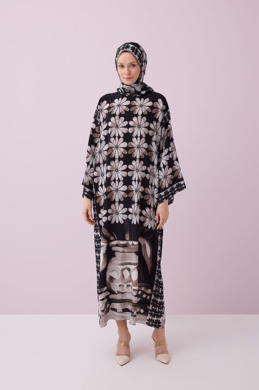Double Flowerpot Black Crepe Silk Dress - 1