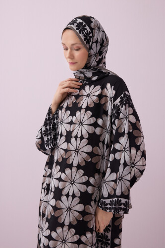 Double Flowerpot Black Crepe Silk Dress - 3