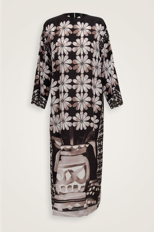Double Flowerpot Black Crepe Silk Dress - 2