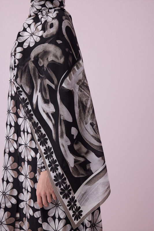 Double Flowerpot Black Crepe Silk Shawl - 3